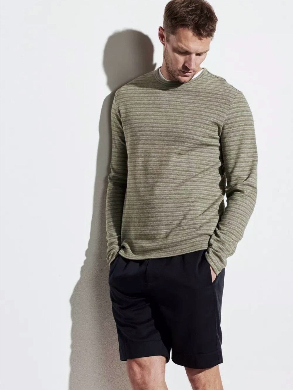 Vince Feeder Stripe Long Sleeve T-Shirt Men’s M Gray Olive Green Tonal Stripe